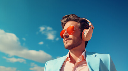 Young Man with Headphones and Sunglasses