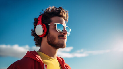 Young Man with Headphones and Sunglasses