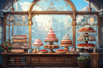 Illustration of showcase with different cakes and other sweets of small pastry shop. From view 