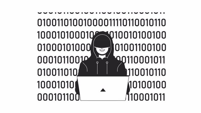 Hacker binary code bw outline 2D animation. Coding security 4K video motion graphic. Malware detection. Dark web user, hacktivist monochrome linear animated cartoon flat concept, white background