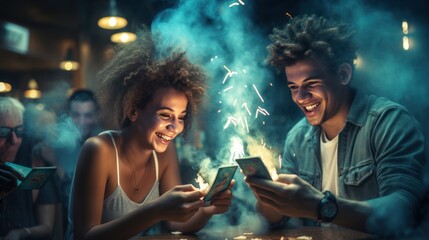 Excited hipster man and woman winning the internet lottery. Betting on modern smartphone websites happy couple in love celebrate victory - obrazy, fototapety, plakaty