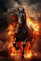 The horse  galloping on fire background, Fiery stallion, AI Generative.