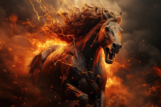 The horse  galloping on fire background, Fiery stallion, AI Generative.