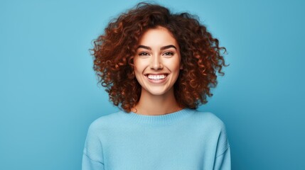 Charming cheerful young woman demonstrating advertising copy, blank space, bright blue background.