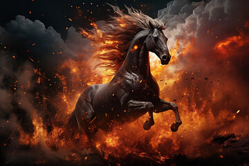 Obraz na płótnie Canvas The horse galloping on fire background, Fiery stallion, AI Generative.