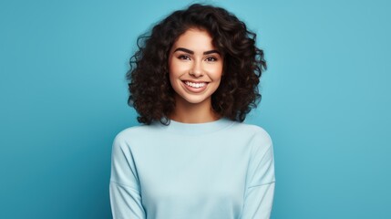 Obraz premium Charming cheerful young woman demonstrating advertising copy, blank space, bright blue background.
