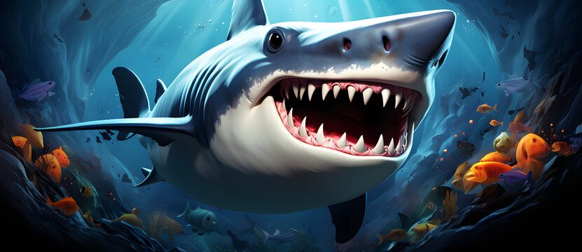 a cartoon shark with its teeth wide open underwater