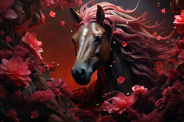 Brown horse portrait in spring pink magenta blossom tree, AI Generative..