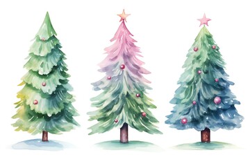 Obraz premium Pastel watercolor Christmas trees with gift boxes clip art Generative AI