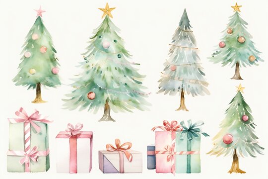 Pastel Watercolor Christmas Trees With Gift Boxes Clip Art Generative AI