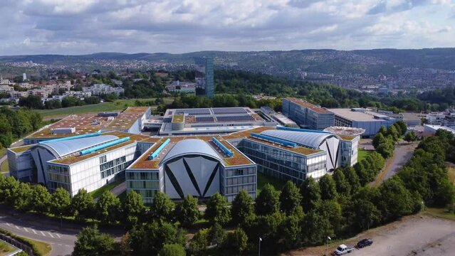 Large industrial plant from a frontal bird's eye view. Esslingen Baden W&uuml;rttemberg Festo Headquarters.