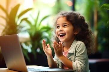 Fototapeta premium A happy little girl is looking at the phone, a smile on her face. The child communicates via video, online communication with family and friends. An application for children's games. AI gereration