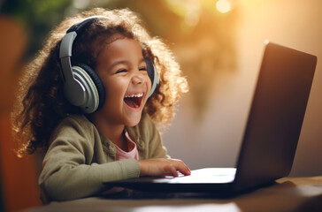 A happy little girl is looking at the phone, a smile on her face. The child communicates via video, online communication with family and friends. An application for children's games. AI gereration