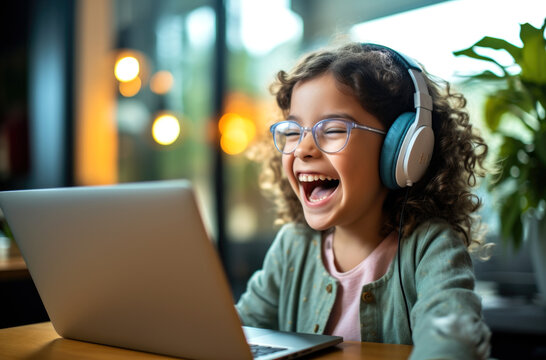 A happy little girl is looking at the phone, a smile on her face. The child communicates via video, online communication with family and friends. An application for children's games. AI gereration