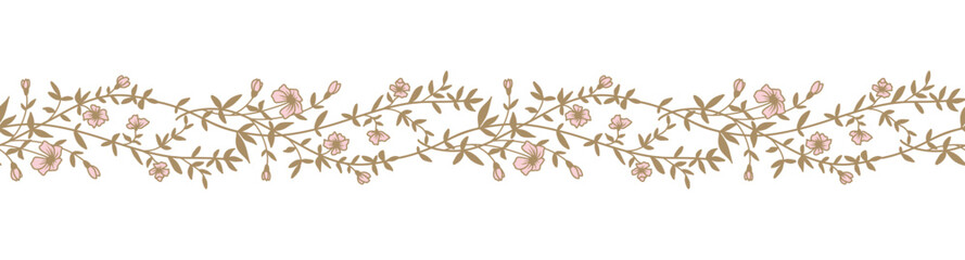 Floral border seamless pattern. Beautiful horizontal banner with hand drawn garland of pink flowers. Vector illustration on white background © Feodora_21