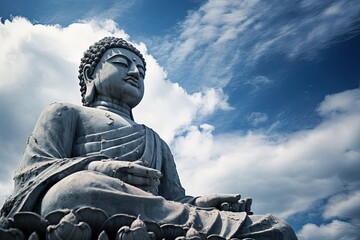 Buddha statue with blue sky and clouds background - obrazy, fototapety, plakaty