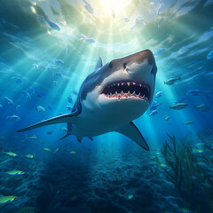 Naklejka premium 3D big shark predator of small fish