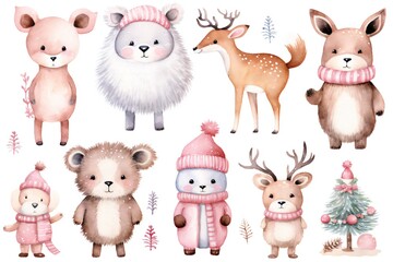 Pink pastel watercolor Christmas animals clip art Generative AI