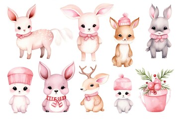 Pink pastel watercolor Christmas animals clip art Generative AI