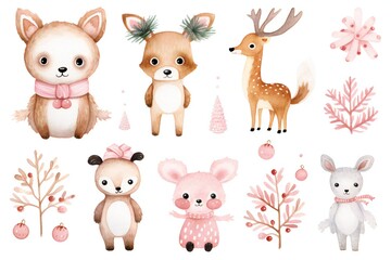 Obraz premium Pink pastel watercolor Christmas animals clip art Generative AI