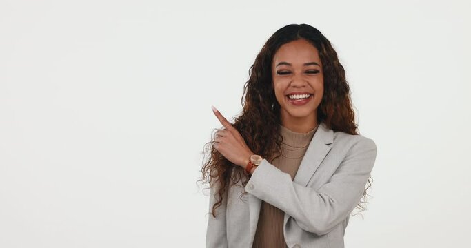 Happy, face and business woman with hand pointing in studio agreement with choice, menu or vote on white background. Smile, portrait and lady recruiter show how to, sign up or info checklist process