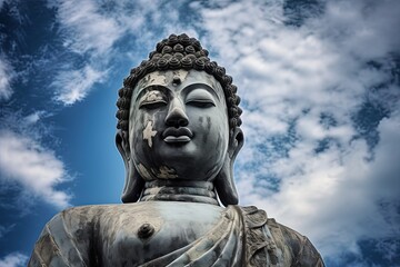Fototapeta premium Buddha statue with blue sky and clouds background