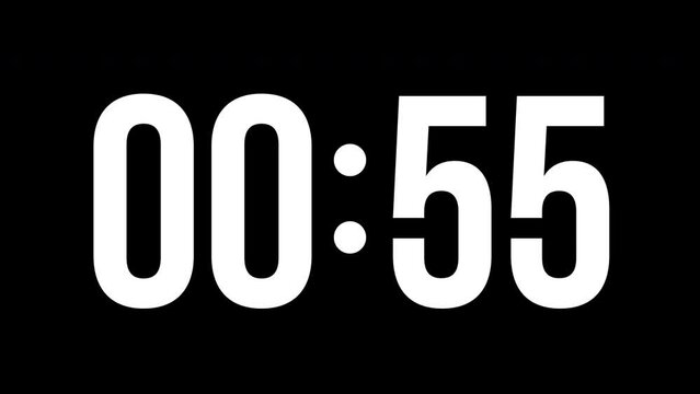 Digital countdown clock timer in 1 minute to zero second. White text number on isolated black background. Element for overlay concept. 4K footage motion video