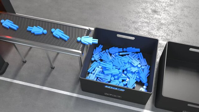 3D man is on a conveyor belt and falls into a box, Artificial intelligence technology is replacing humans