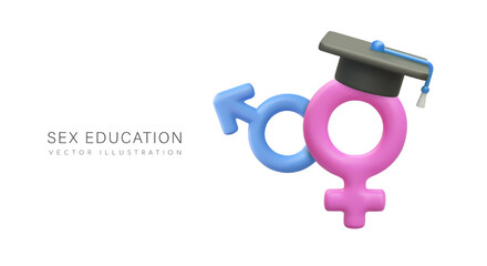 Lessons of sexual education. Male and female gender symbol in graduation cap. Culture of sexual relations, safety. Gender self determination. Concept on white background