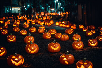 Glowing pumpkin decorations of the city for the holiday. Halloween concept.