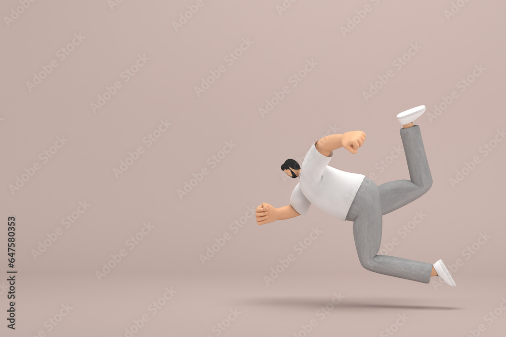 Sticker The man with beard wearinggray corduroy pants and white collar t-shirt.  3d rendering of cartoon character in acting. He is falling down.