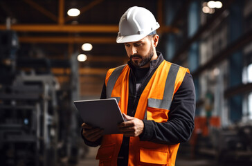 A civil engineer holds documents in his hands, looks forward and thinks, plans against the background of the construction of a building. Made with AI gereration
