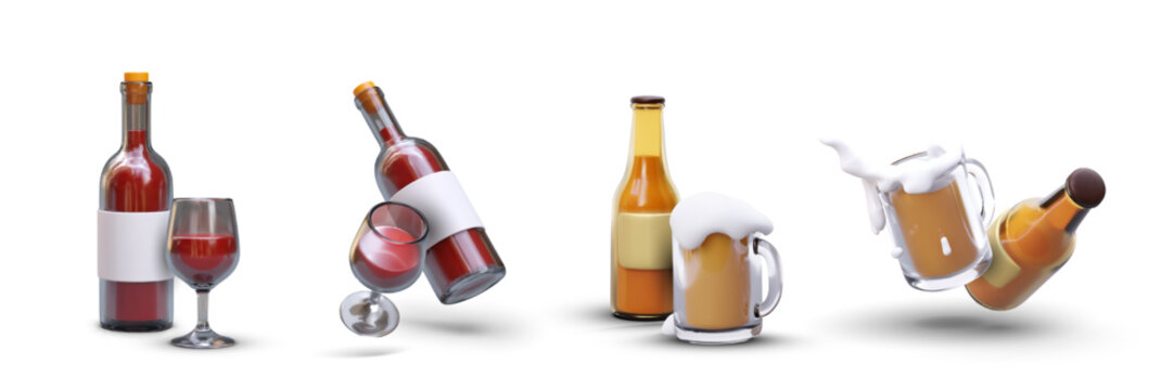 Set of alcoholic drinks icons. Red wine in bottle and glass. Bottled beer, mug with foamy drink. Isolated icons on white background. Illustrations for web design