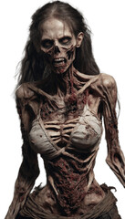 Scary female zombie in torn clothes with flesh wounds isolated on white background photorealistic style Halloween woman illustration