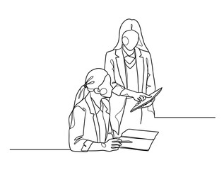 Continuous one line drawing of business people teamwork. Vector illustration.