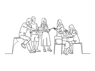 Continuous one line drawing of business people teamwork. Vector illustration.