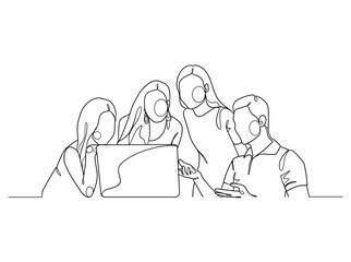 Continuous one line drawing of business people teamwork. Vector illustration.