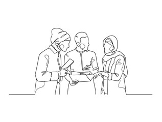 Continuous one line drawing of business people teamwork. Vector illustration.