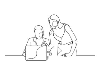 Continuous one line drawing of business people teamwork. Vector illustration.