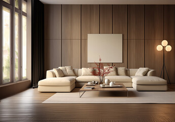beige corner sofa set against a wooden paneling wall