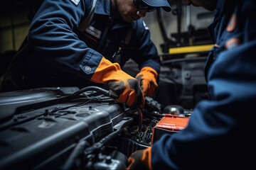 Maintenance of car battery. Check the electrical system inside the car - obrazy, fototapety, plakaty