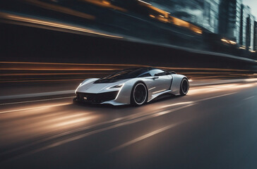 Fototapeta na wymiar Futuristic car on the road with motion blur