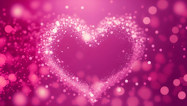 Romantic love bokeh background in pink for Valentine's day or wedding. Decorative heart background. Purple glitter lights background. defocused.