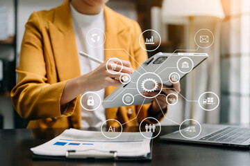 Digital marketing media in virtual screen.business woman hand working with mobile phone and modern...