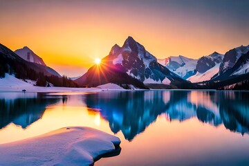 Fototapeta na wymiar sunrise over the lake sunset on the mountain.