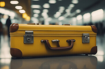 Yellow suitcase in airport terminal travel and tourism concept