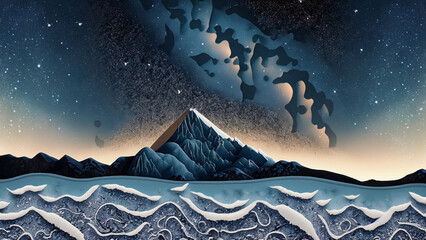 Mountains and sky, a relaxing atmosphere at night. Paper cut out art digital craft style.