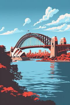 Duotone basic pop art vintage style travel poster of the Sydney Opera House and Harbour Bridge with a city highrise background in Australia.