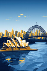 Obraz premium Duotone basic pop art vintage style travel poster of the Sydney Opera House and Harbour Bridge with a city highrise background in Australia.