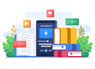 Listen to audiobook online, Audiobook app on smartphone screen flat illustration vector template, Streaming service, Online music player